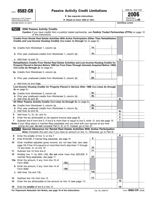 Fillable Form 8582-Cr - Passive Activity Credit Limitations - 2006 Printable pdf