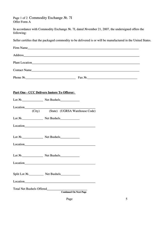 Offer Form A (In Accordance With Commodity Exchange No. 7i) Printable pdf