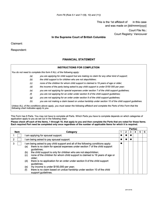 Form F8 - Financial Statement - Supreme Court Of British Columbia Printable pdf