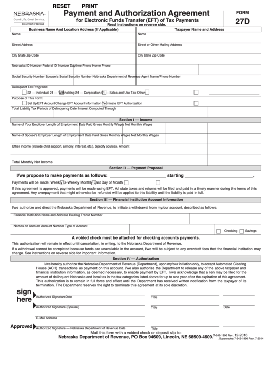 Fillable Form 27d - Payment And Authorization Agreement For Electronic Funds Transfer (Eft) Of Tax Payments Printable pdf