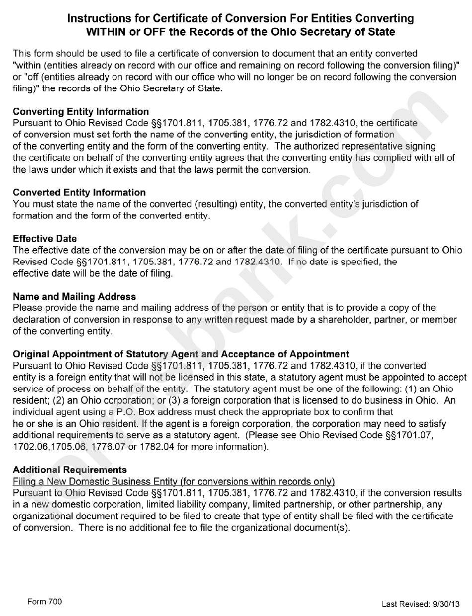 Form 700 - Instruction For Certificate Of Conversion For Entities Converting Within Or Off The Records - Ohio Secretary Of State