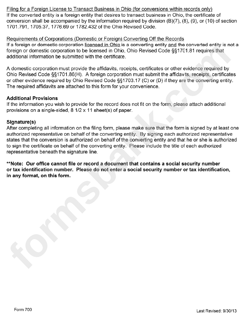 Form 700 - Instruction For Certificate Of Conversion For Entities Converting Within Or Off The Records - Ohio Secretary Of State