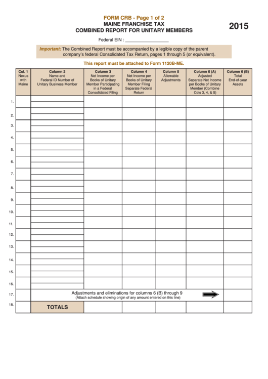 Form Crb - Maine Franchise Tax Combined Report For Unitary Members - 2015 Printable pdf