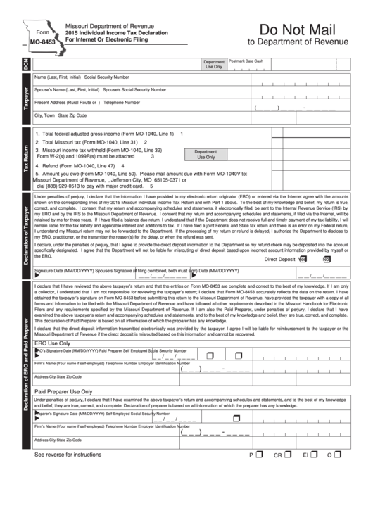 Form Mo-8453 - Individual Income Tax Declaration - 2015 Printable pdf
