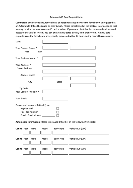Automobile Id Card Request Form Printable pdf