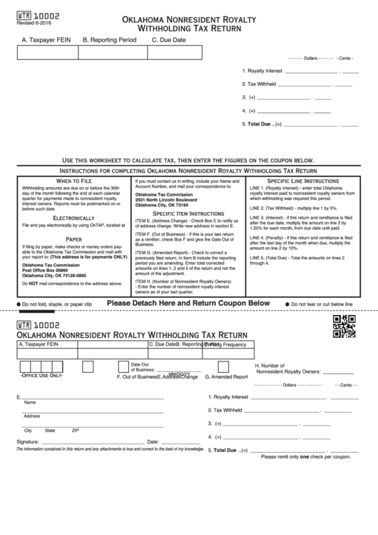 Fillable Form Wtr 10002 - Oklahoma Nonresident Royalty Withholding Tax Return Printable pdf