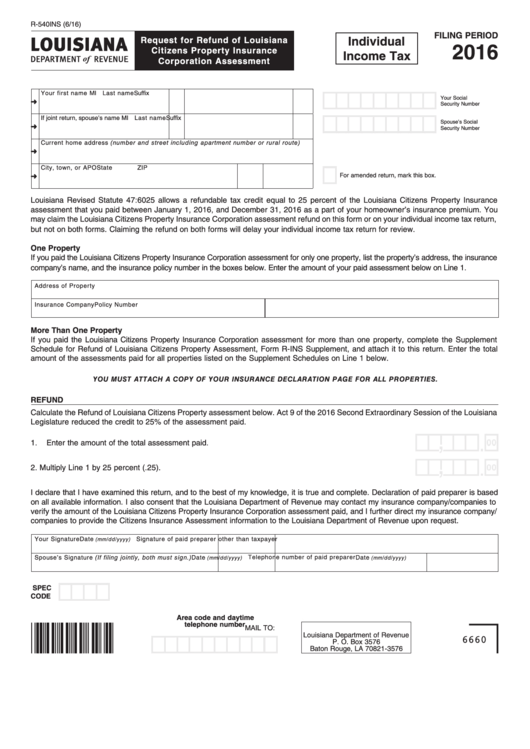 Form 540ins - Request For Refund Of Louisiana Citizens Property Insurance Corporation Assessment - 2016