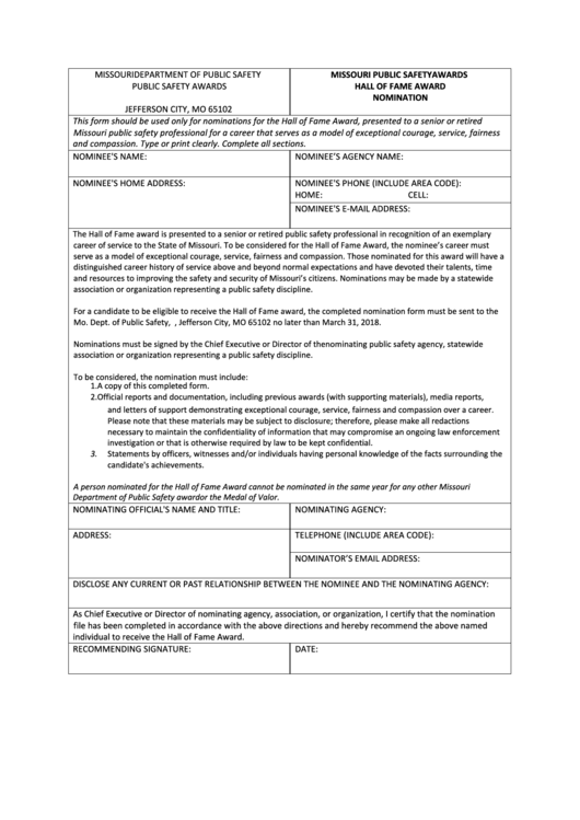 Fillable Nominee For The Hall Of Fame Award Form - Missouri Department Of Public Safety Printable pdf