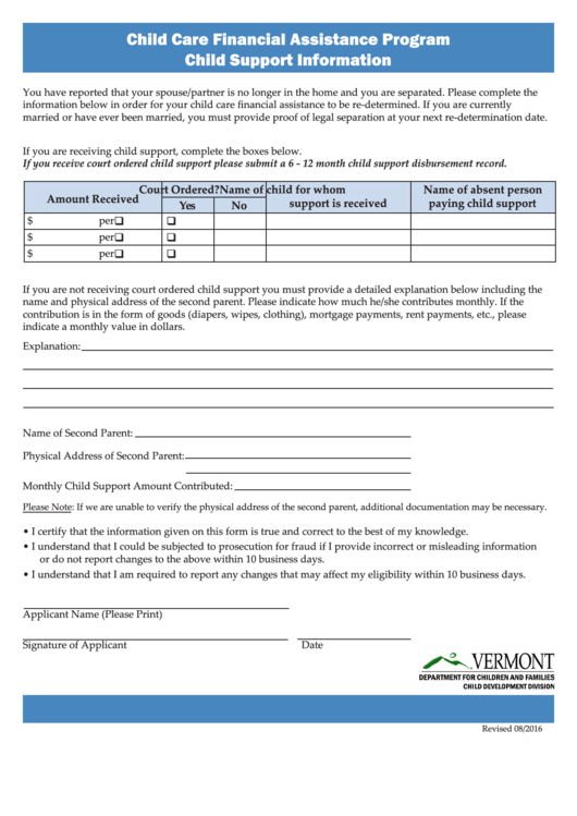 Child Support Information - Vermont Department For Children And Families Printable pdf