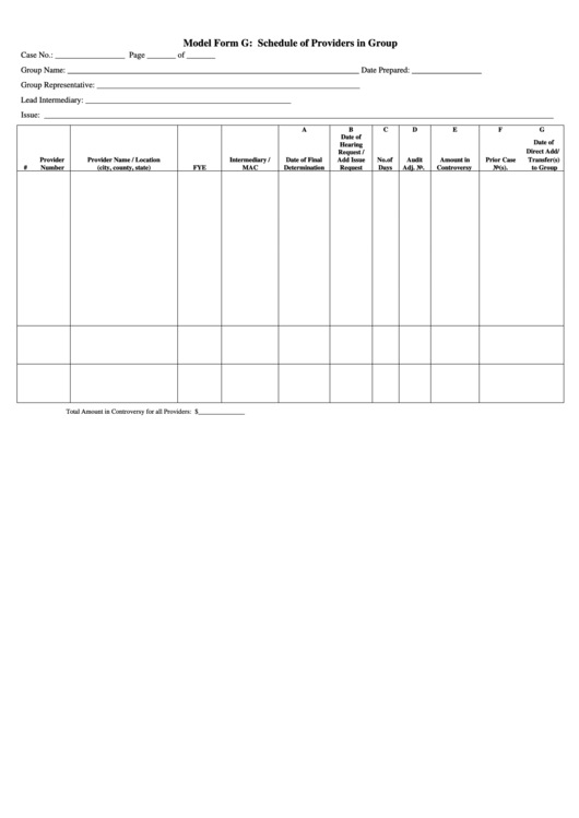 Fillable Model Form G: Schedule Of Providers In Group - Cms Form Printable pdf