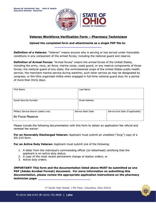 Fillable Veteran Workforce Verification Form - Pharmacy Technicians - Ohio Board Of Pharmacy Printable pdf