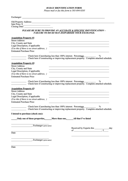 45-Day Identification Form - Identification Of Construction Or Improvements To Acquisition Property Printable pdf