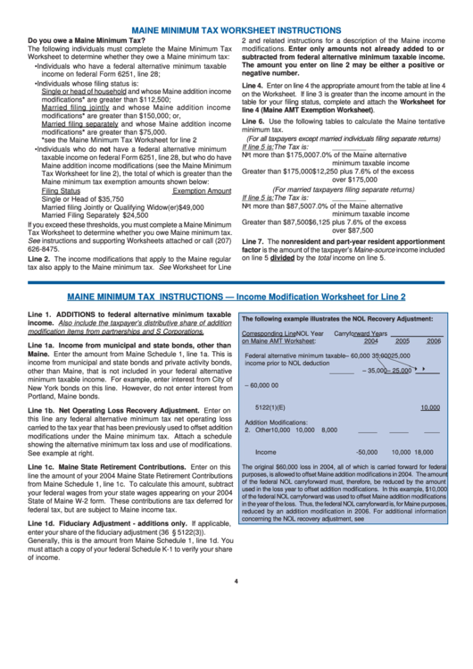 Maine Minimum Tax Worksheet Instructions - Income Modification Worksheet Printable pdf