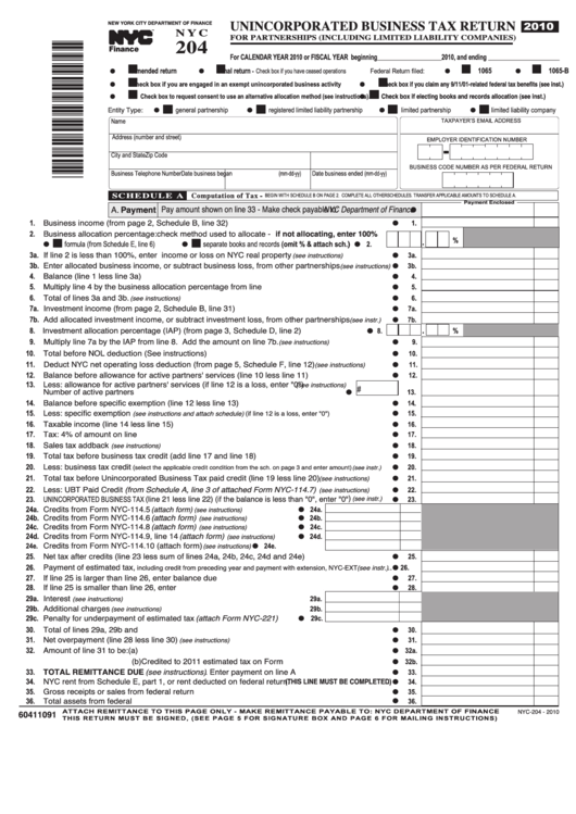 Form Nyc-204 - Unincorporated Business Tax Return - 2010 Printable pdf
