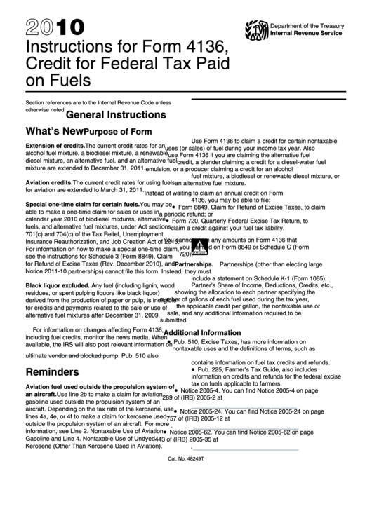 Instructions For Form 4136 - Credit For Federal Tax Paid On Fuels - 2010 Printable pdf