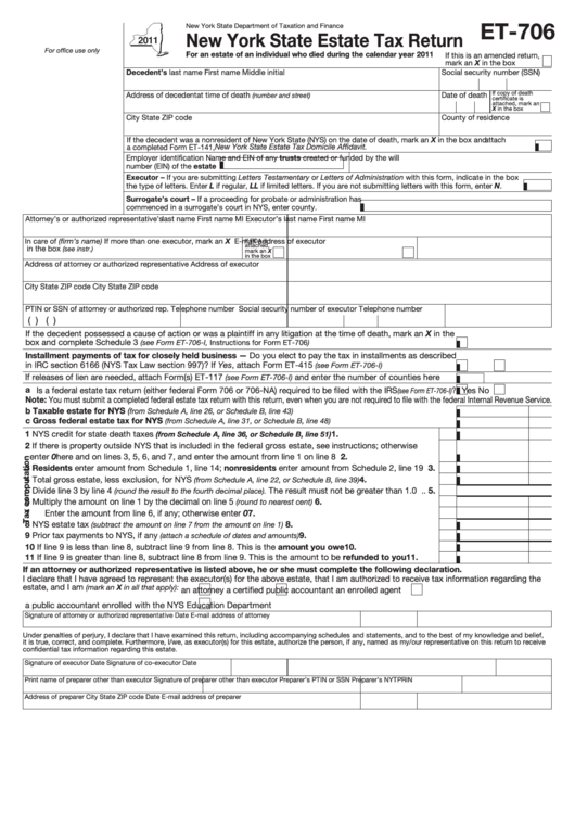 Form Et-706 - New York State Estate Tax Return - 2011 Printable pdf