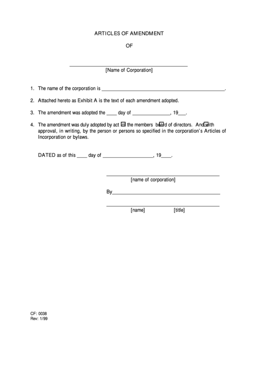 Form Cf 0038 - Articles Of Amendment Printable pdf