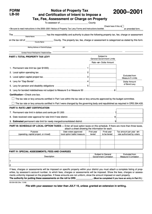 Fillable Form Lb-50 - Notice Of Property Tax And Certification Of Intent To Impose A Tax, Fee, Assessment Or Charge On Property - 2000-2001 Printable pdf