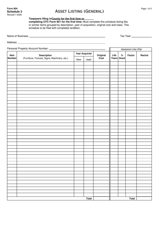 Fillable Form 904 - Asset Listing (General) Printable pdf