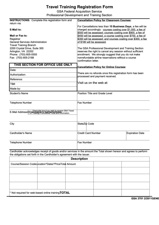 Fillable Form Gsa 3701 - Travel Training Registration Form Printable pdf