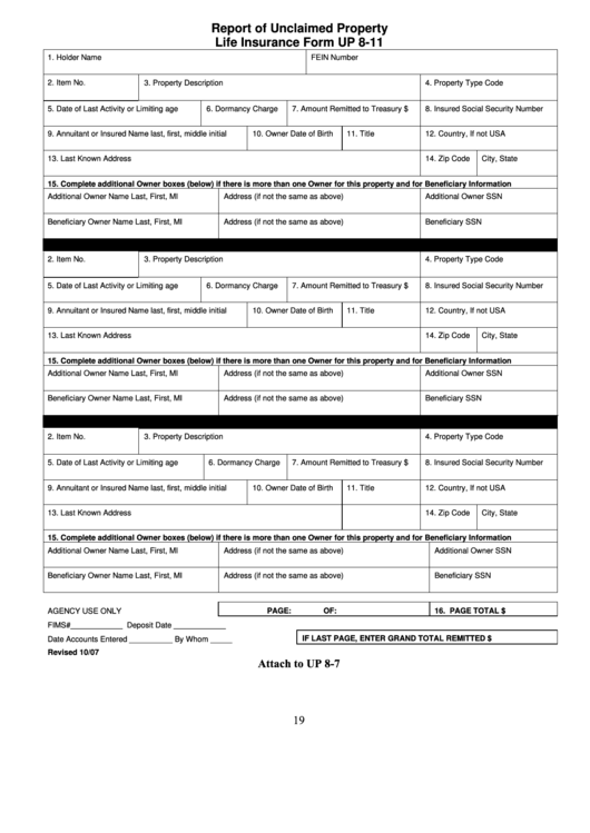 Form Up 8-11 - Report Of Unclaimed Property Life Insurance Printable pdf