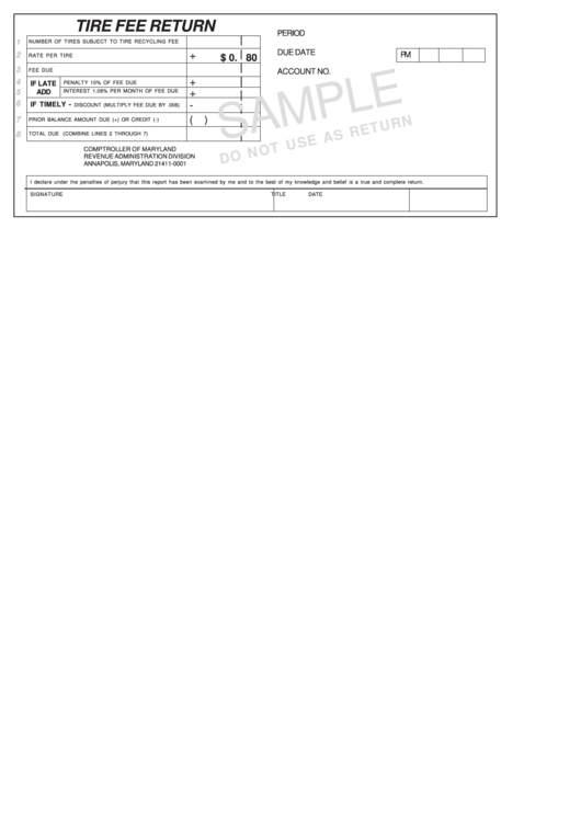 Tire Fee Return Form - Sample Printable pdf