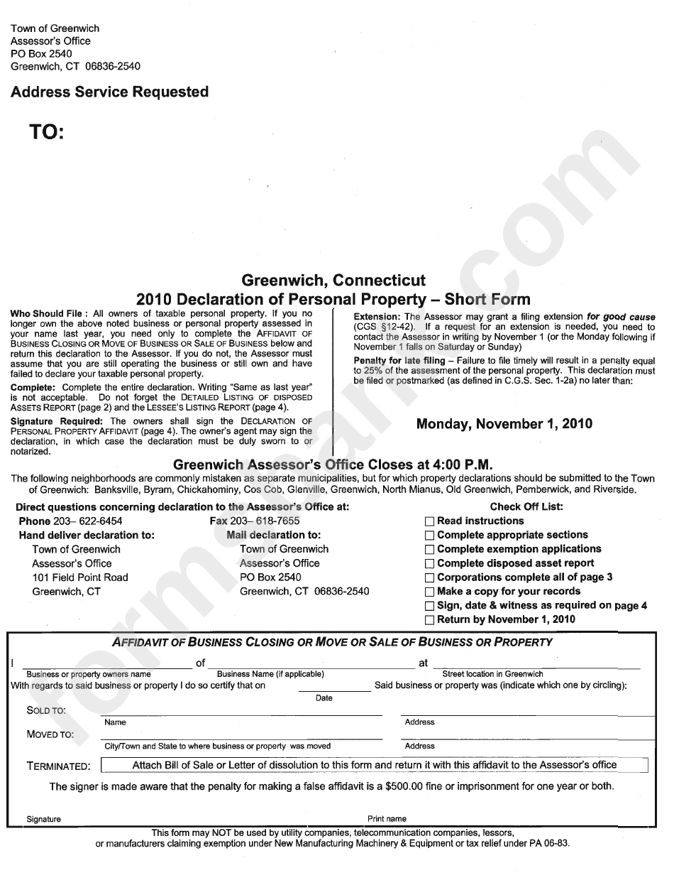 2010 Personal Property Tax - Short Form - Town Of Greenwich