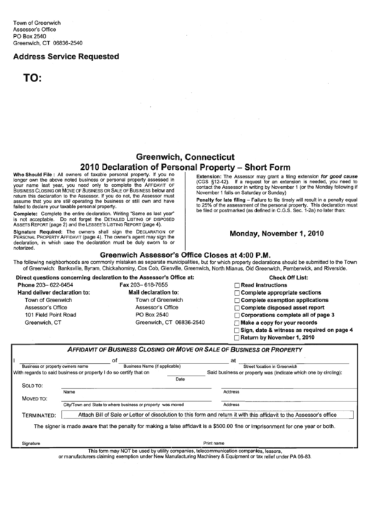 2010 Personal Property Tax - Short Form - Town Of Greenwich Printable pdf