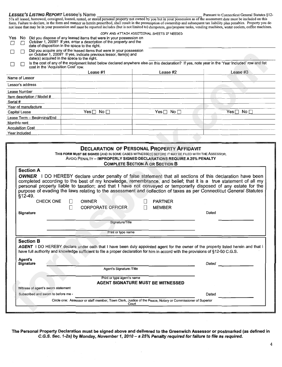 2010 Personal Property Tax - Short Form - Town Of Greenwich