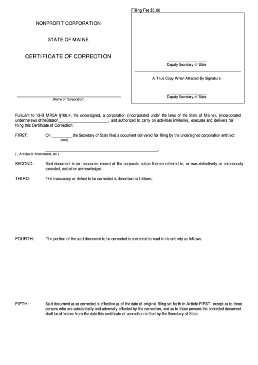 Form Mnpca-17 - Certificate Of Correction - Nonprofit Corporation - State Of Maine Printable pdf