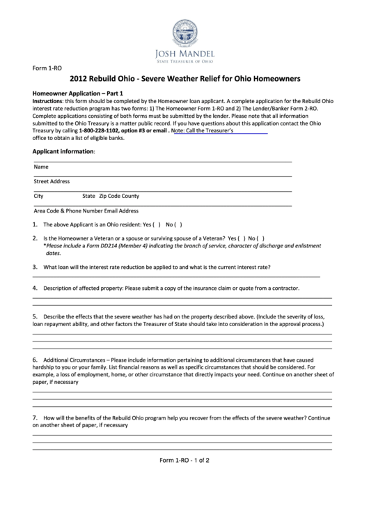 Form 1-Ro - Rebuild Ohio - Severe Weather Relief For Ohio Homeowners - 2012 Printable pdf