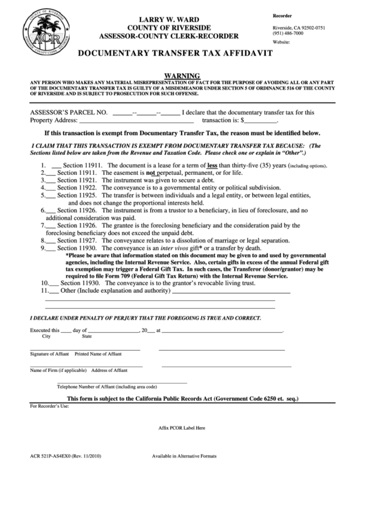 Fillable Form Acr 521p-As4ex0 - Documentary Transfer Tax Affidavit - County Of Riverside Printable pdf