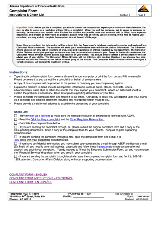 Form Complaint-001 - Complaint Form - Arizona Department Of Financial Institutions Printable pdf