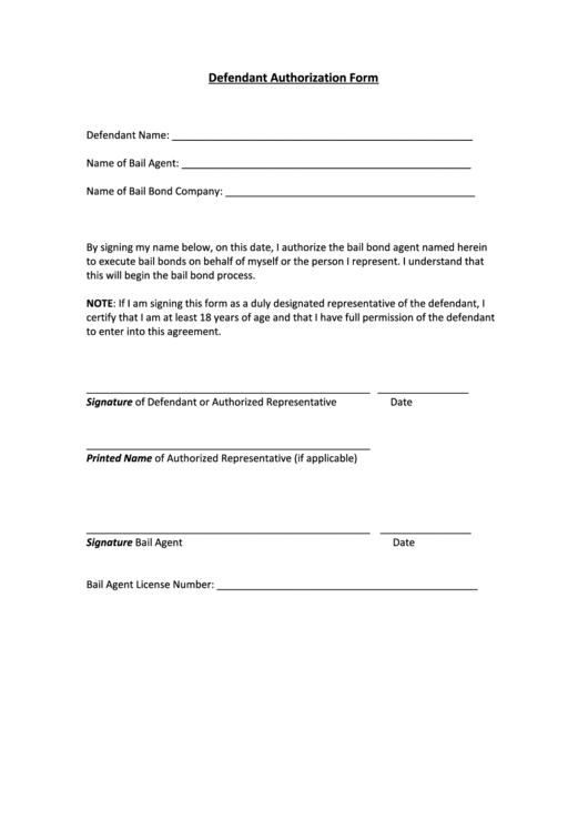Defendant Authorization Form Printable pdf
