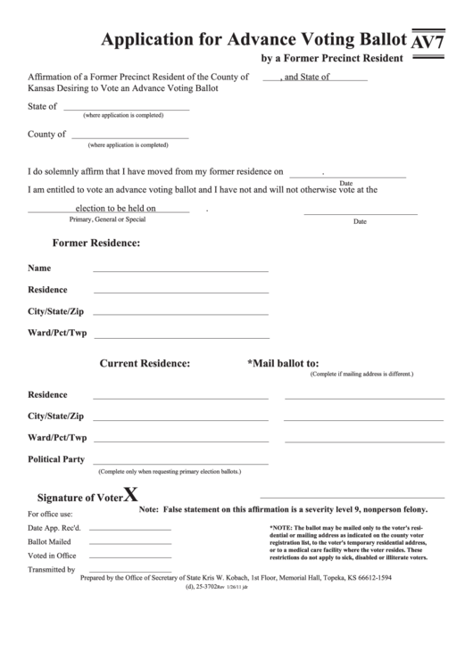 Form Av7 - Application For Advance Voting Ballot By A Former Precinct Resident - Kansas Secretary Of State Printable pdf