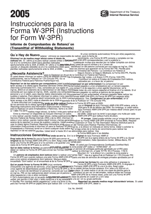 Instrucciones Para La Forma W-3pr (Instructions For Form W-3pr) - Informe De Comprobantes De Retencion (Transmittal Of Withholding Statements) - 2005 Printable pdf