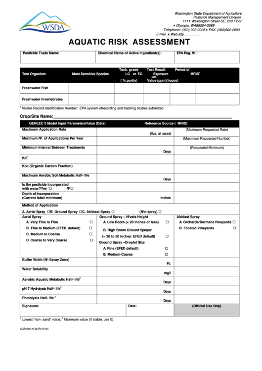 Fillable Form Agr 630-4129 - Aquatic Risk Assessment - Washingtonstate Department Of Agriculture Printable pdf