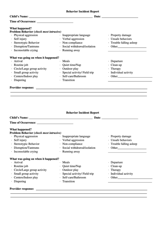 Behavior Incident Report Form