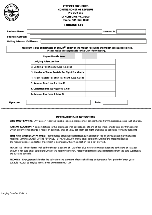 Lodging Tax - City Of Lynchburg Printable pdf