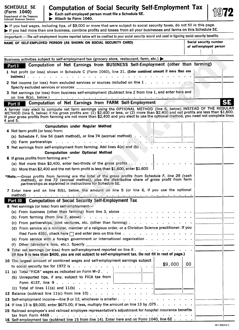 Schedule Se (Form 1040) - Computation Of Social Security Self-Employment Tax - 1972