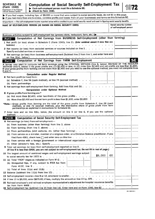 Schedule Se (Form 1040) - Computation Of Social Security Self-Employment Tax - 1972 Printable pdf