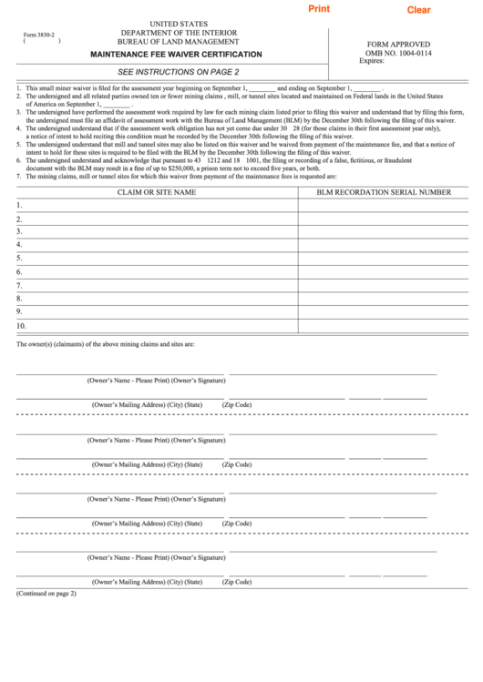 Fillable Form 3830-2 - Maintenance Fee Waiver Certification Printable pdf
