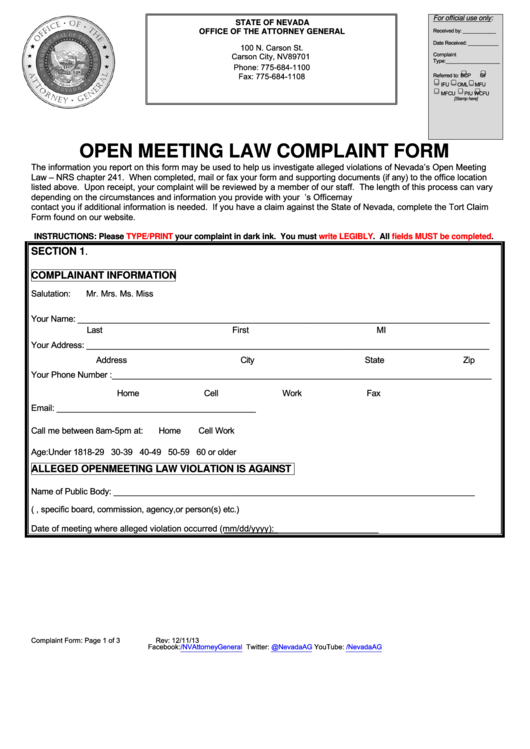 Fillable Open Meeting Law Complaint Form - State Of Nevada - Office Of The Attorney General Printable pdf