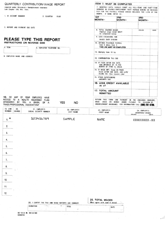 Form Uc-101a - Quarterly Contribution/wage Report Printable pdf