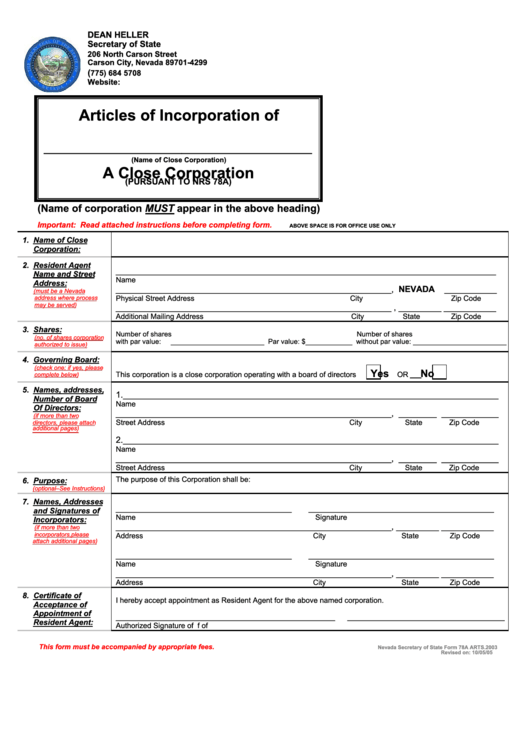 Form 78a - Articles Of Incorporation - Nevada Secretary Of State Printable pdf