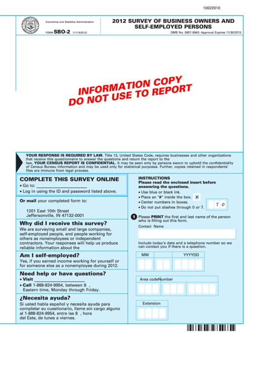 Form Sbo-2 - Survey Of Business Owners And Self-Employed Persons - 2012 Printable pdf
