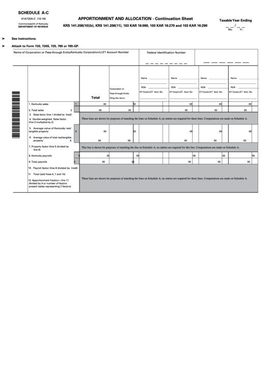 Fillable Schedule A-C (Form 41a720a-C) - Apportionment And Allocation - Continuation Sheet - 2016 Printable pdf