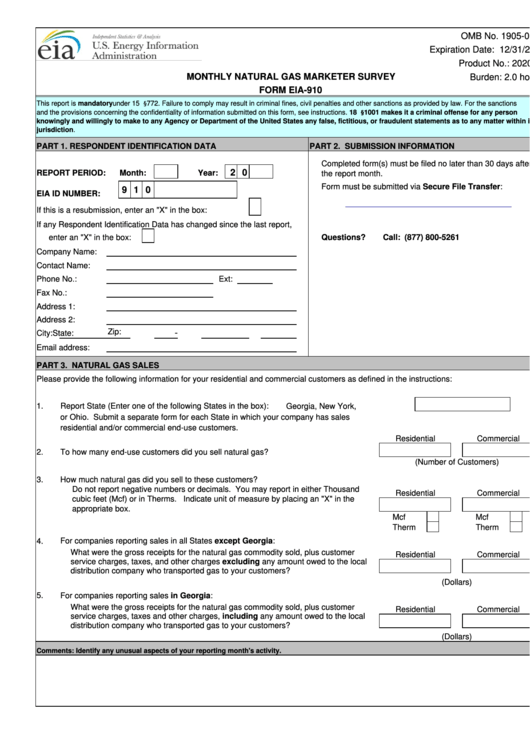 Form Eia-910 - Monthly Natural Gas Marketer Survey Printable pdf