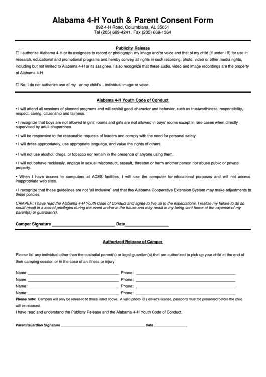 Alabama 4-H Youth & Parent Consent Form Printable pdf
