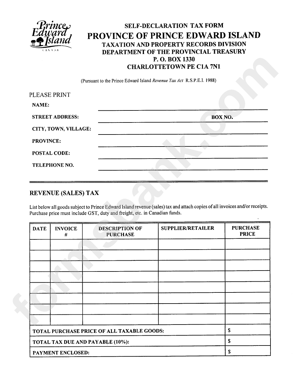 Form Id - Self-Declaration Tax - Province Of Prince Edward Island